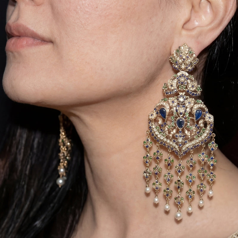 Statement Large Jadau Earrings | Royal Color Combination | Gold Plated on Silver ER 673