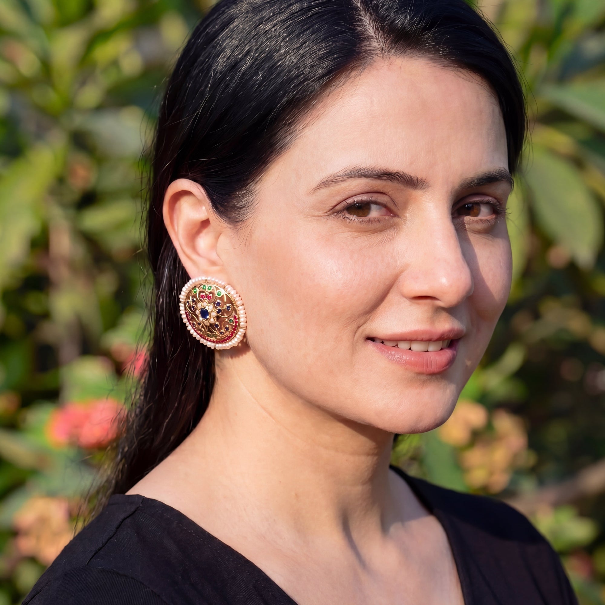 Exquisite Large Round Jadau Studs For Women on Silver ER 553
