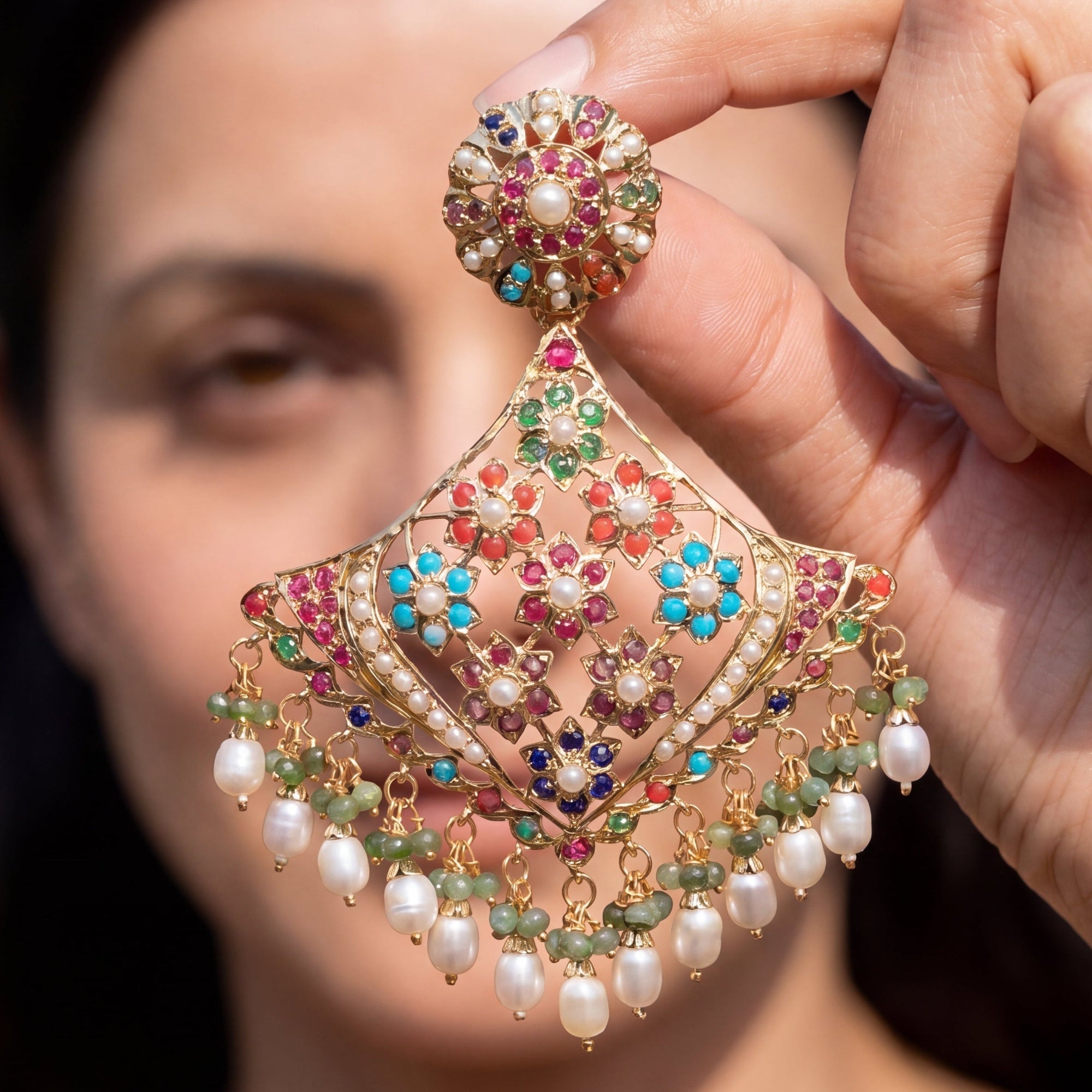 Indian Silver Jewelry Online | Statement Navaratna Earrings | For Women ER 422