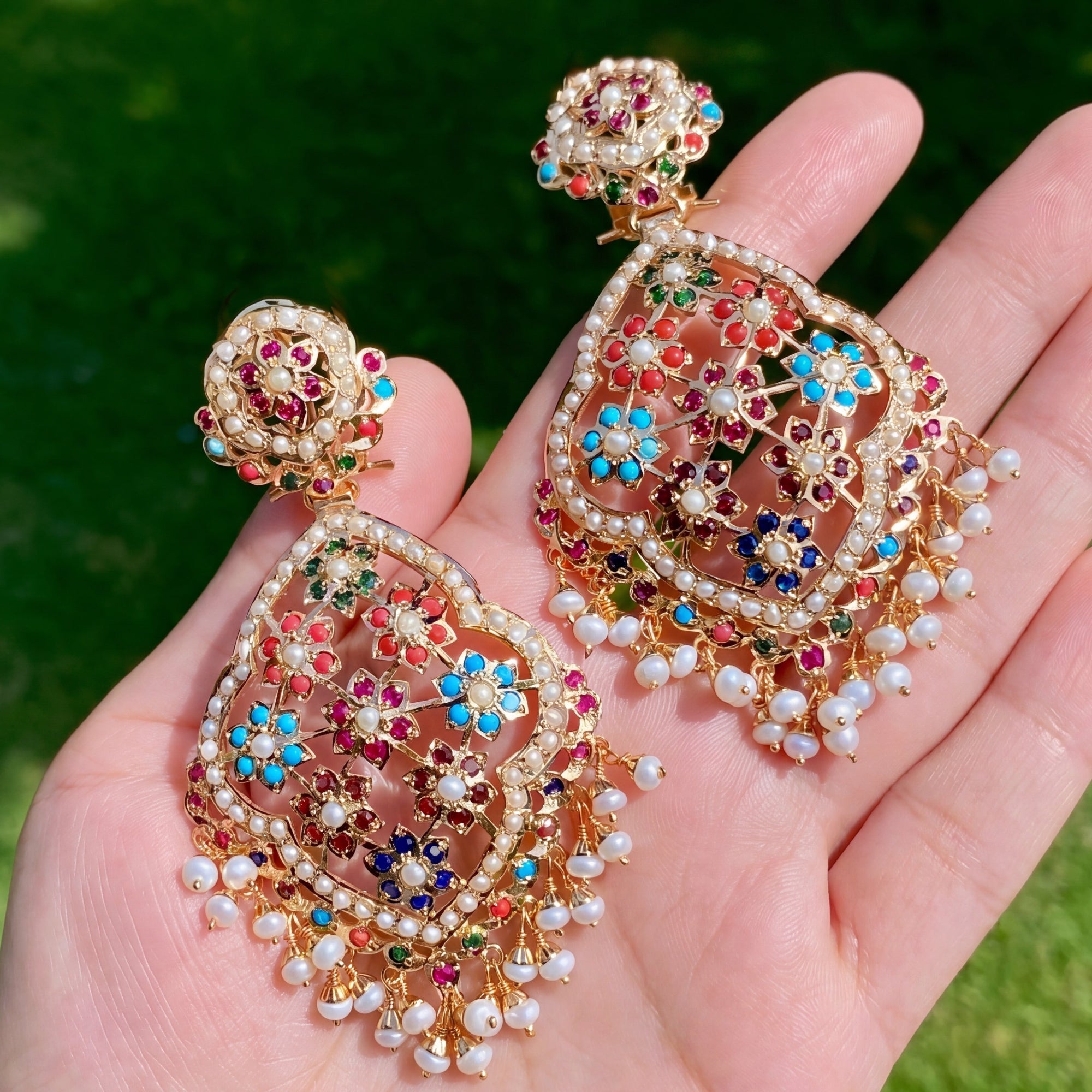 Long Navaratan Jadau Earrings on Silver | Statement Indian Danglers ER 127