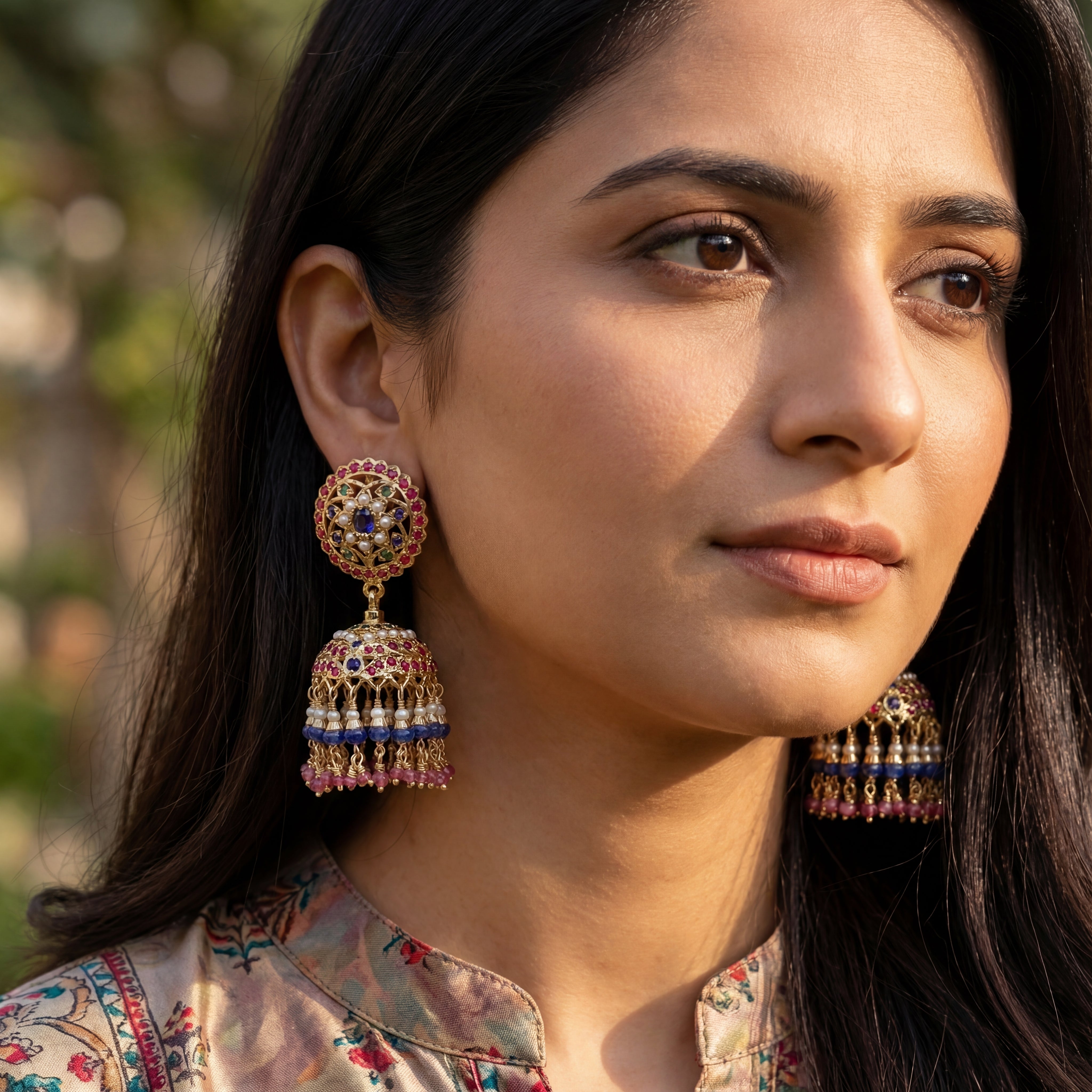 Woman wearing ornate earrings with a blurred natural background
