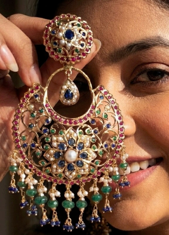 Multicoloured Jadau Chandbali Earrings | Statement Gold Plated Fashion Jewelry Online ER 453