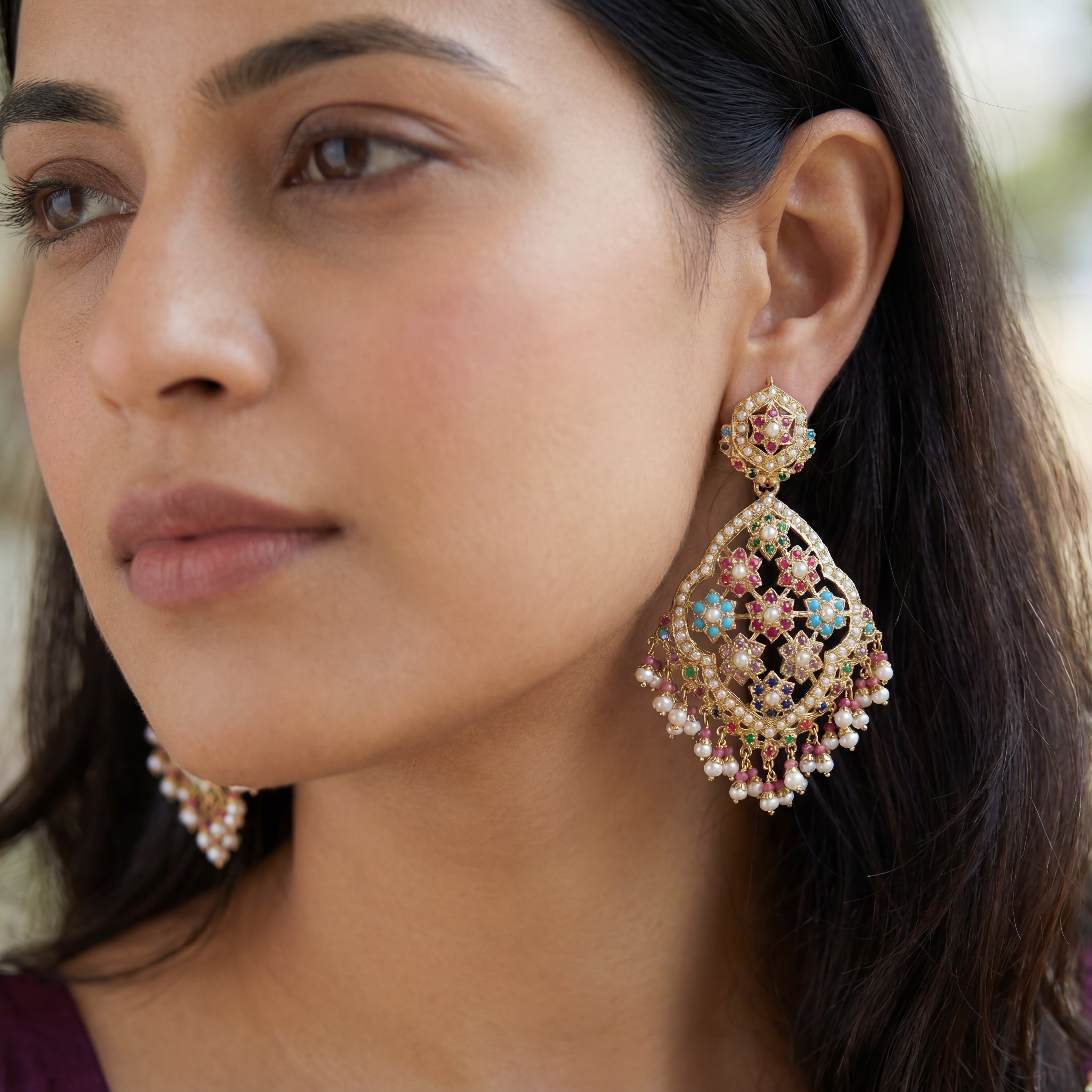Long Navaratan Jadau Earrings on Silver | Statement Indian Danglers ER 127
