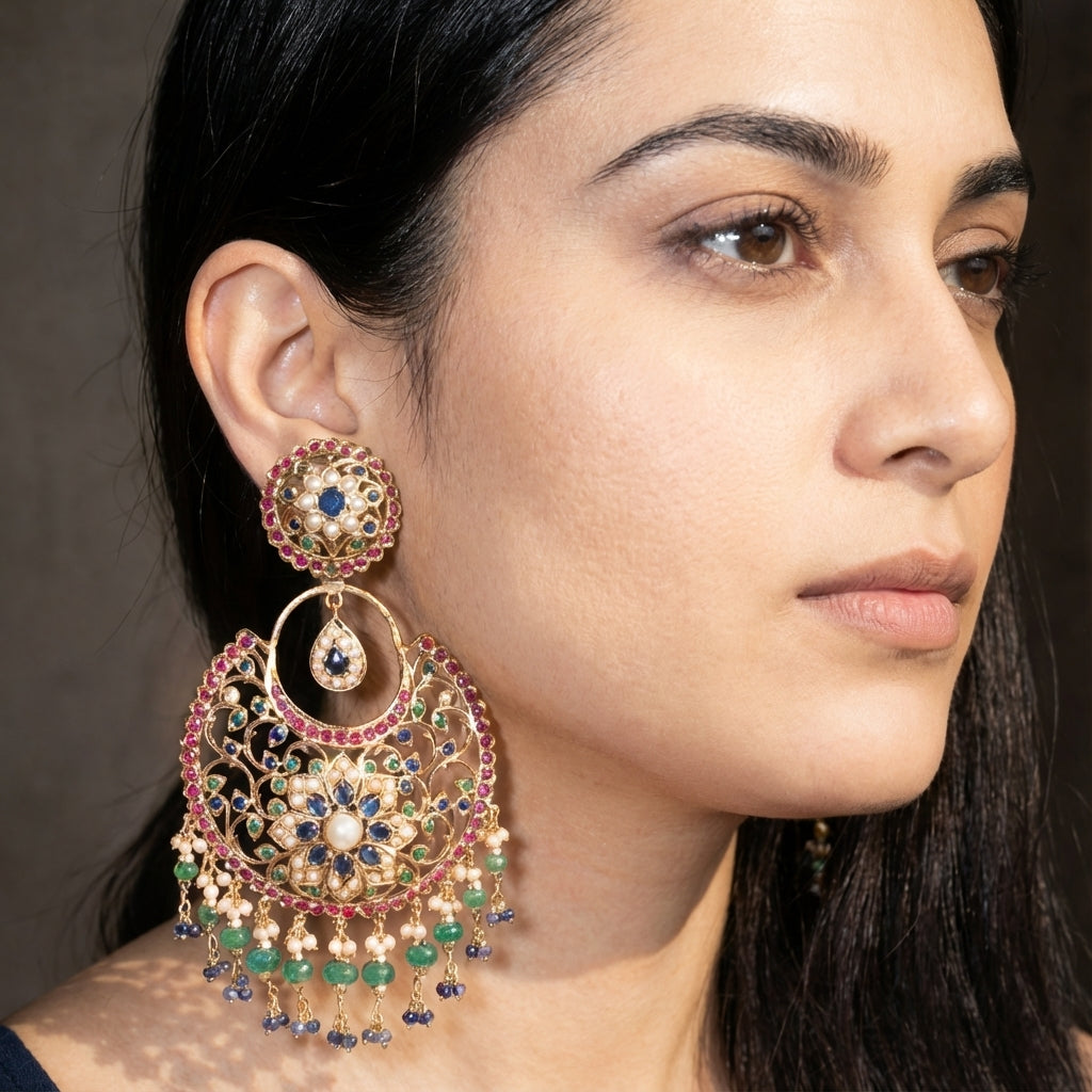 Multicoloured Jadau Chandbali Earrings | Statement Gold Plated Fashion Jewelry Online ER 453