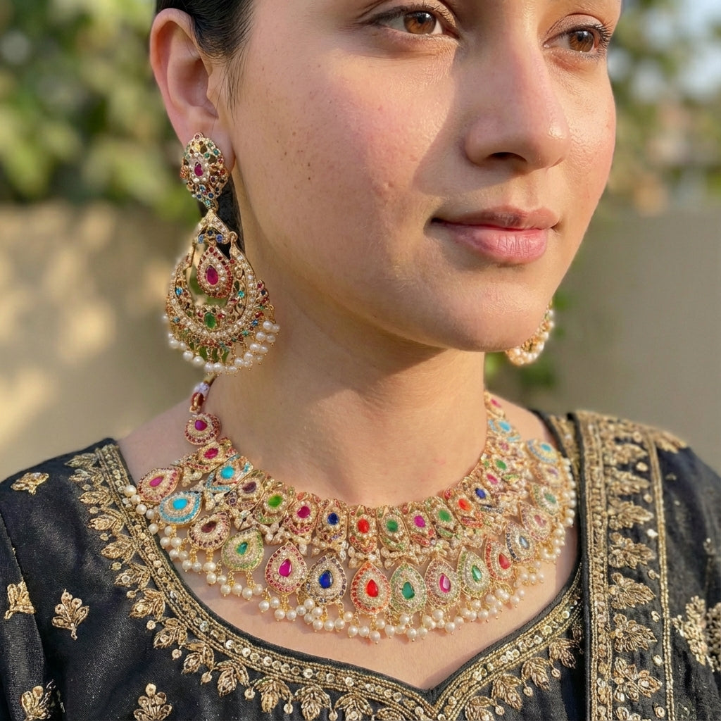 Statement Bridal Navrattan Necklace Set | Bridal fashion Jewellery | Statement Jadau Set | NS 354