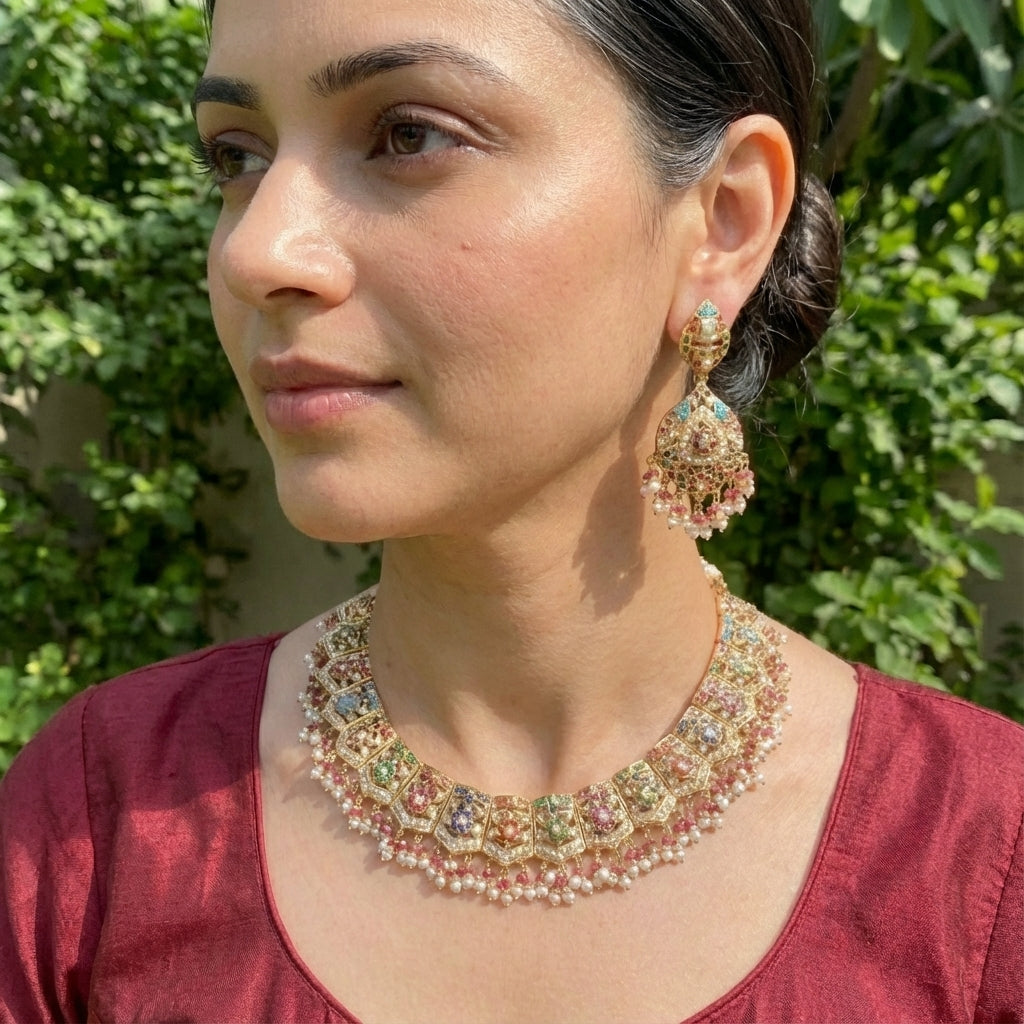 Heritage Indian Jadau Jewellery | Gold Plated Navaratna Necklace Set | 92.5 Silver NS 071