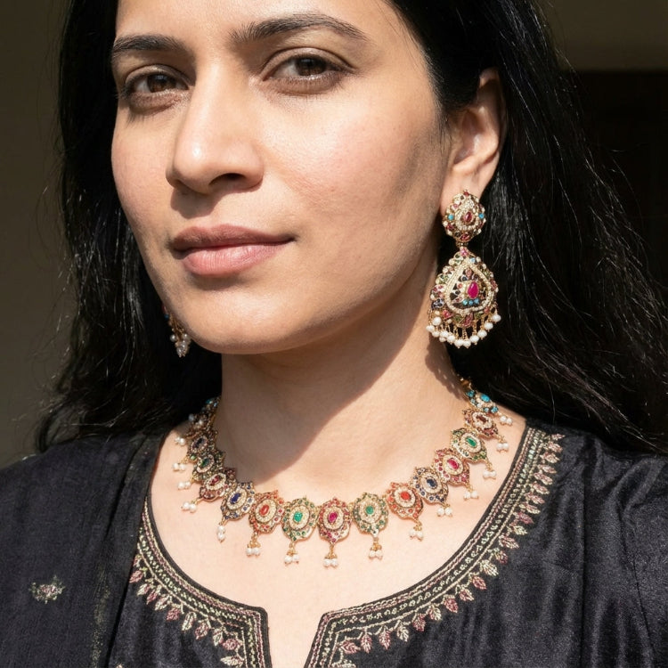 Jadau Navratan Set | Gold Plated on Pure Silver | Necklace with Large Earrings NS 375