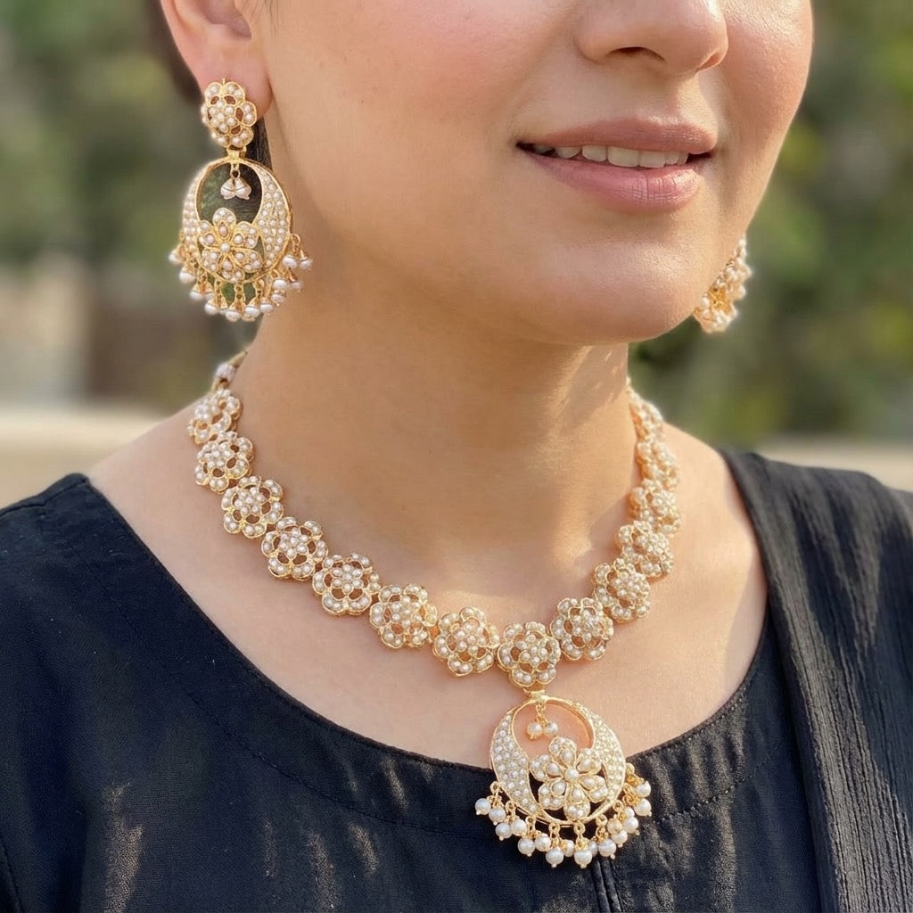 Floral Pearl Necklace Set on Silver | With Chandbalis | Indian Silver Jewelry Online NS 400B