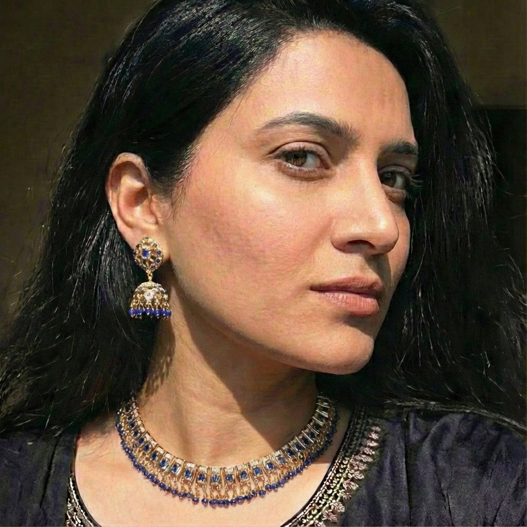 Simple Elegant Jadau Necklace With Jhumka | Sterling Silver | Blue Sapphire & Pearls NS 411