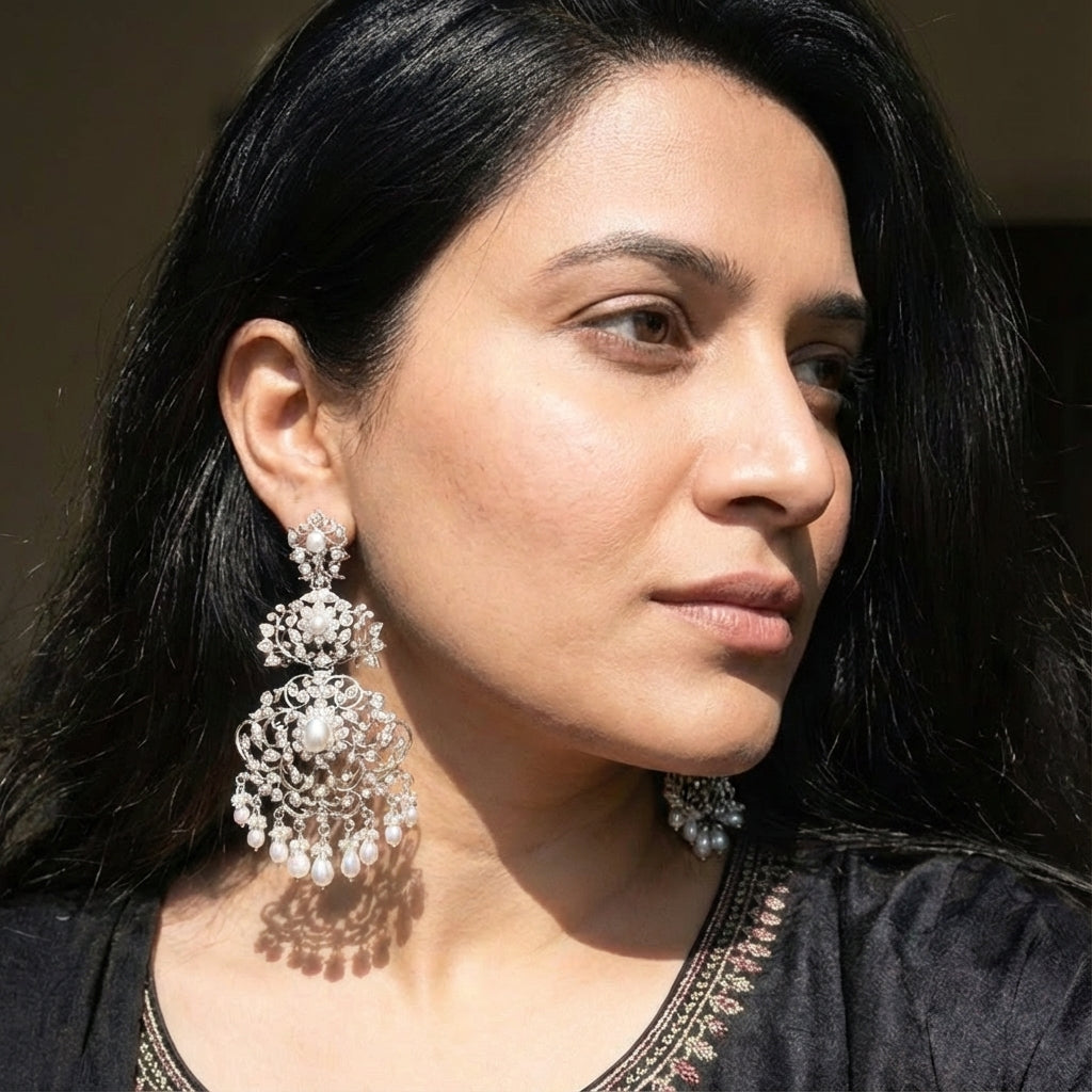 Pearl Danglers | Edwardian Design | Indo Western Silver Jewelry SER 020