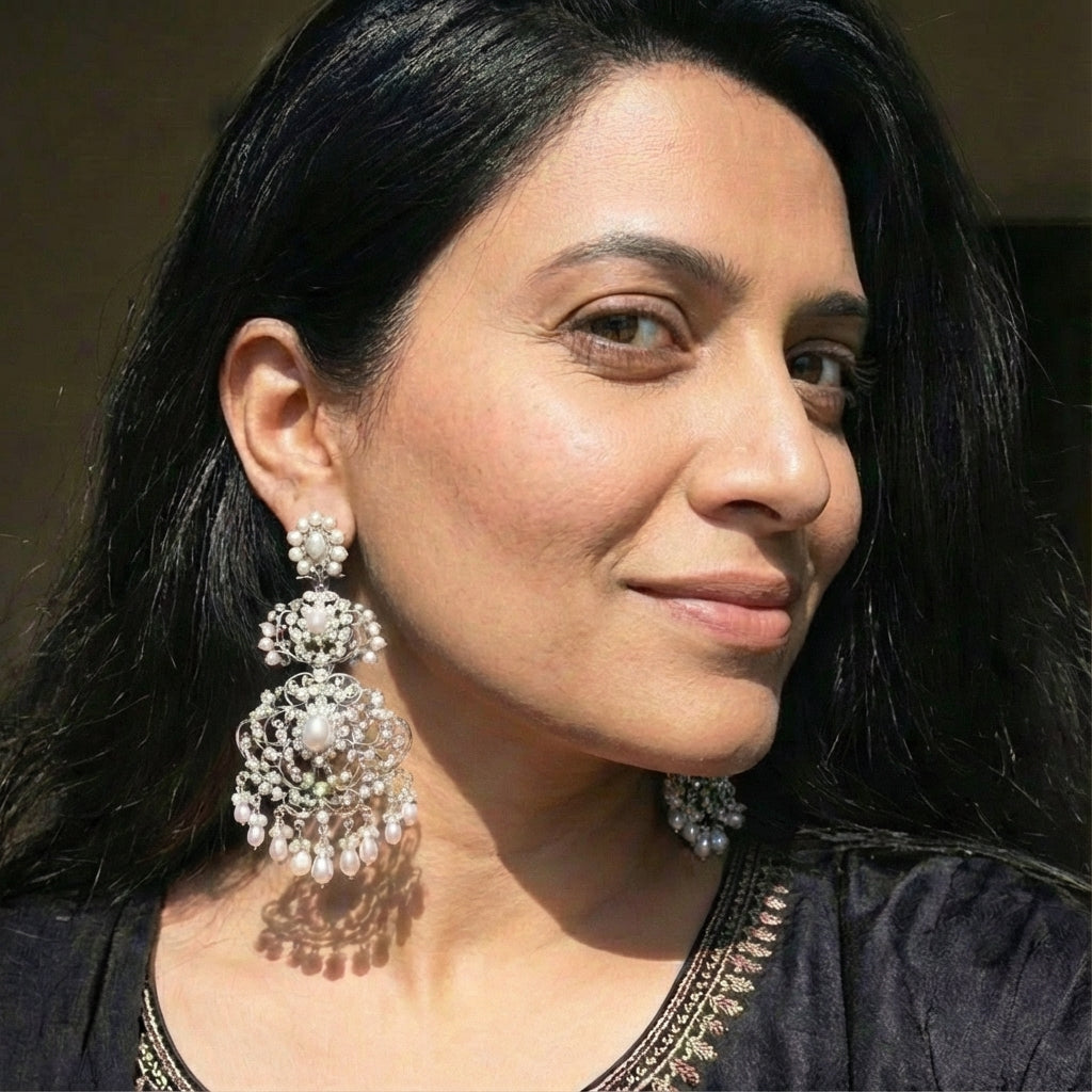 Pearl Danglers | Edwardian Design | Indo Western Silver Jewelry SER 020