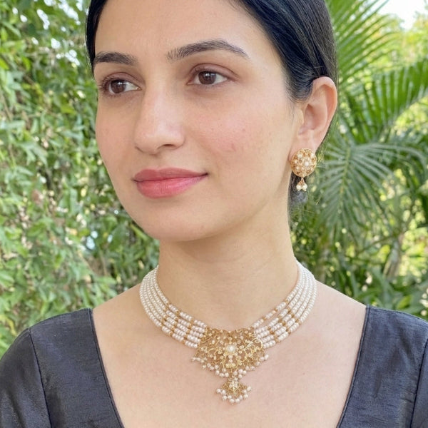 Multi Strand Pearl Necklace With Studs on Silver | Layered Choker Set | Indian Sitarami Set NS 203