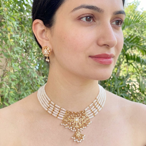 Multi Strand Pearl Necklace With Studs on Silver | Layered Choker Set | Indian Sitarami Set NS 203