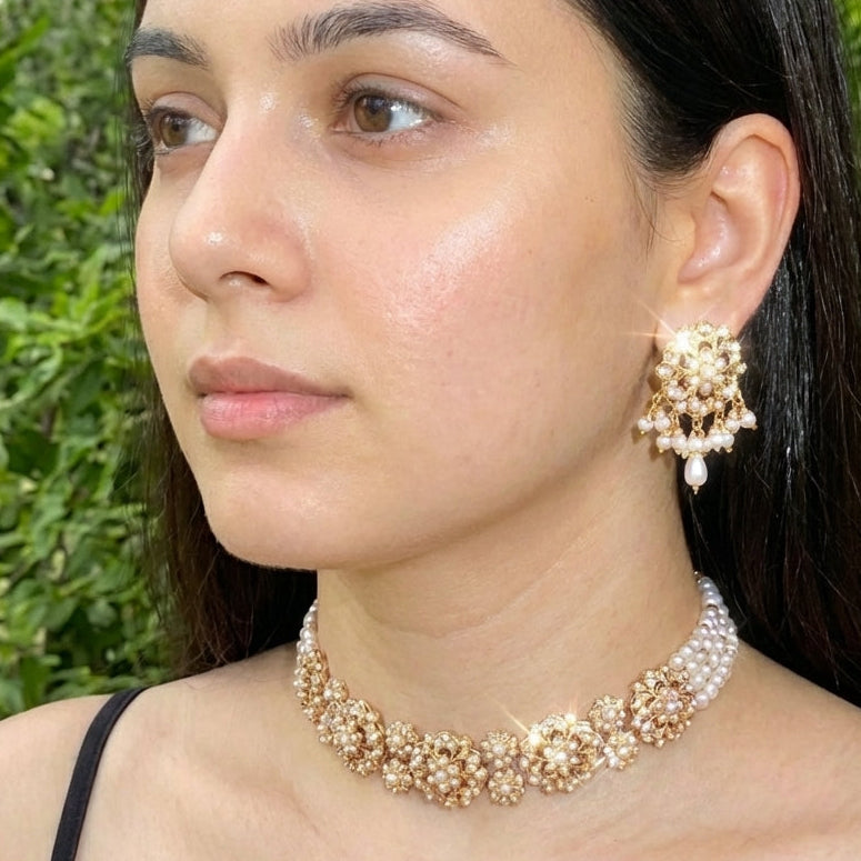 Simple Sophisticated Pearl Choker Set | Gold Plated on Silver | Freshwater Pearls NS 385