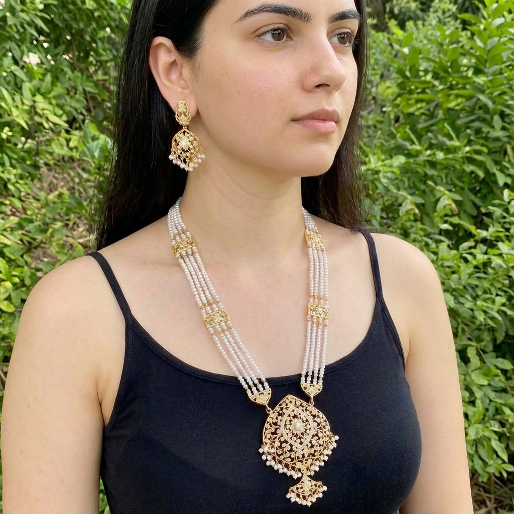 Antique Jadau Rani Haar | Gold Plated Pearl Rani Haar Set | Long Haar Design NS 145