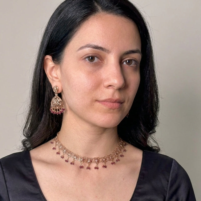 Minimal Necklace Set | Pearls & Garnet Combination | Gold Plated Silver NS 401