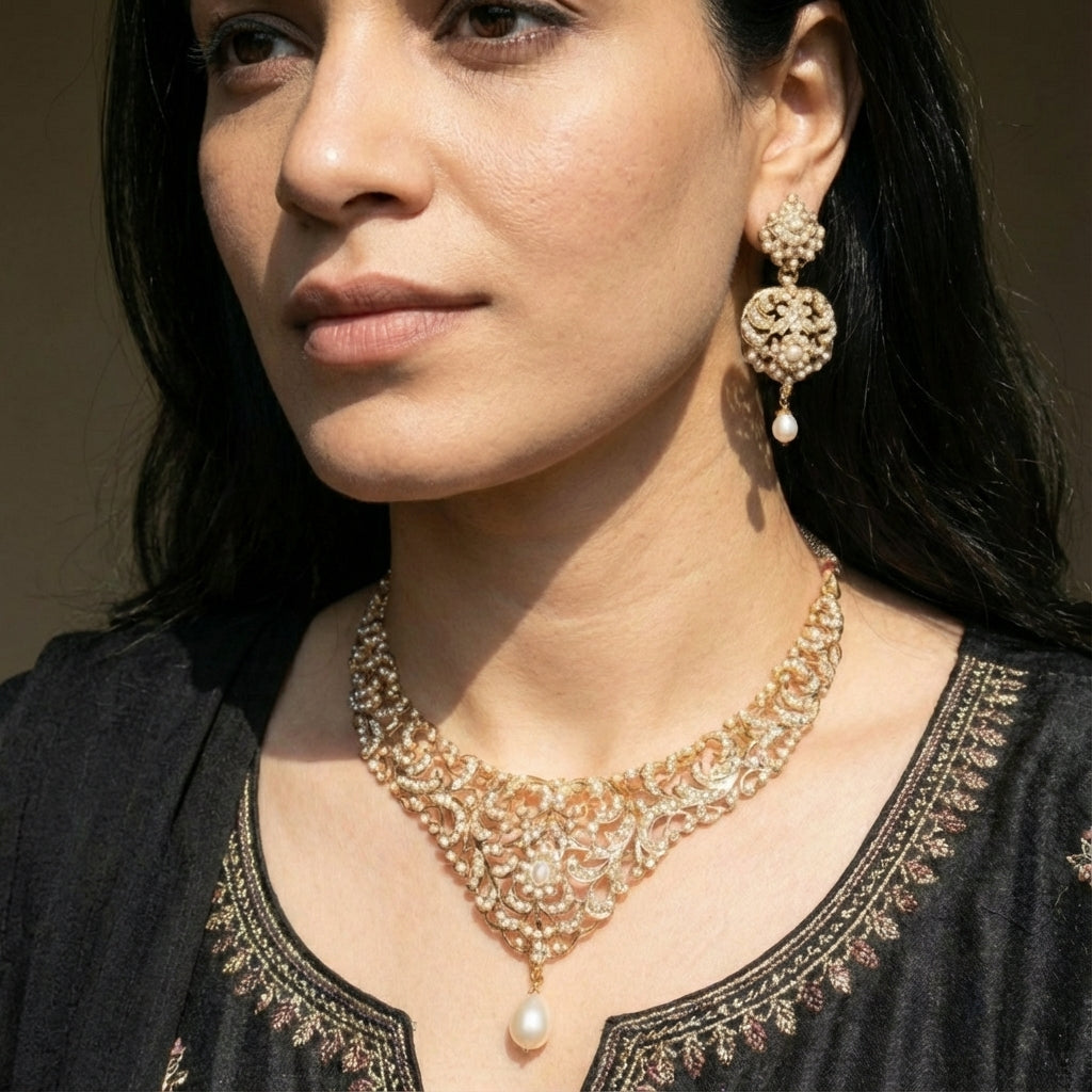 Indian Pearl Necklace Set on Silver Base | Antique Edwardian Style Design NS 395