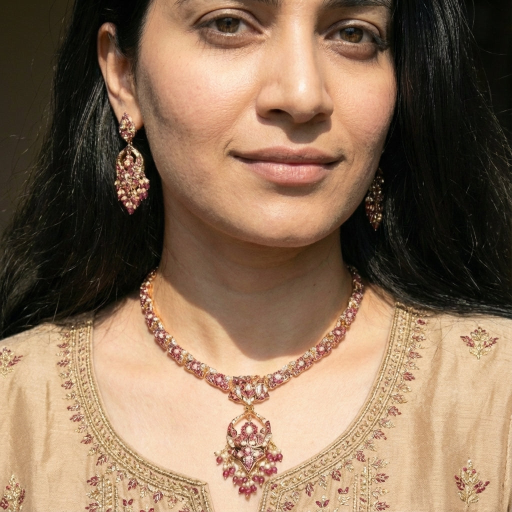 Ruby Pearl Jadau Necklace Set | Gold Plated on Silver NS 393