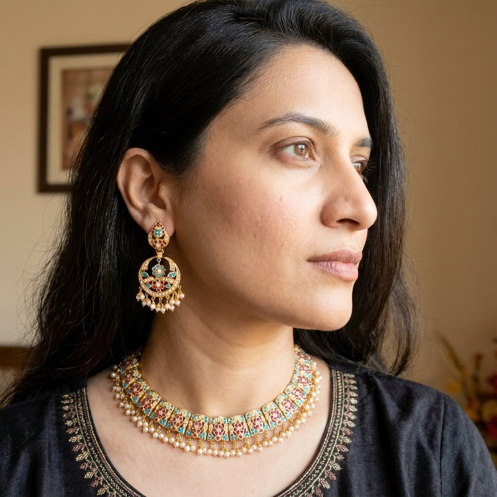 Jadau Necklace Set | Gold Plated on Silver | Ruby Pearl Feroza Combination NS 333