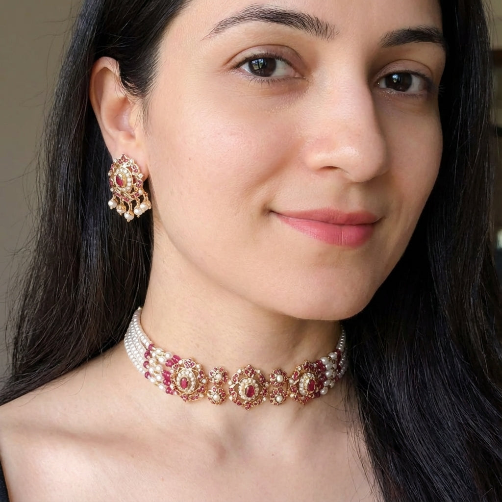 Indian Choker Set For Women | Gold Plated on Silver | Ruby Pearl Combination NS 381