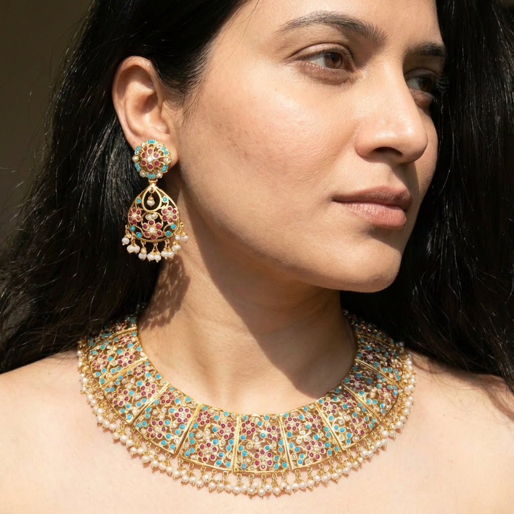 Broad Jadau Necklace Set | Bridal Jewellery | Gold Plated Jadau Set NS 280