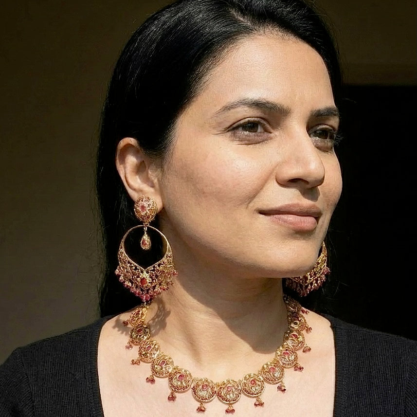 Delicate Ruby Necklace with Statement Earrings | Jadau Jewellery NS 267