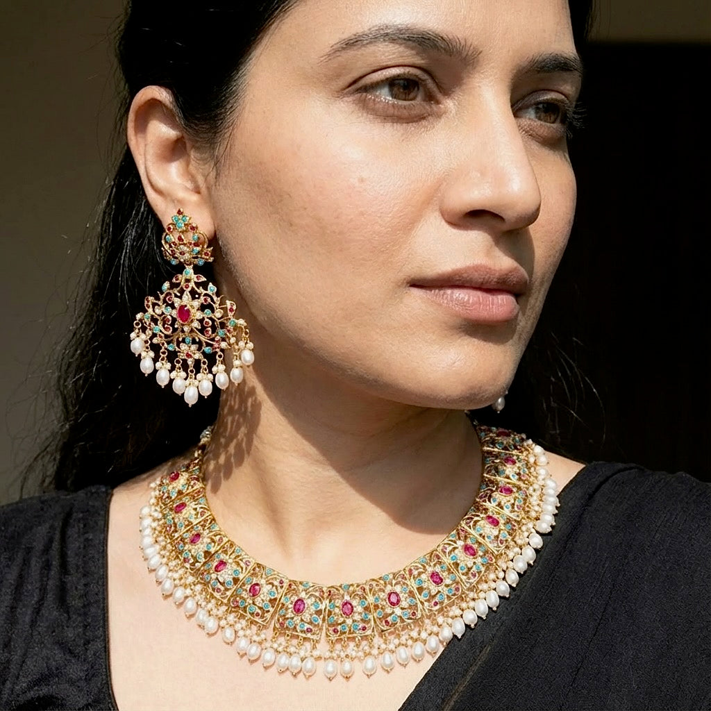 Multicoloured Jadau Set | 22k Gold Plated | Sterling Silver NS 263