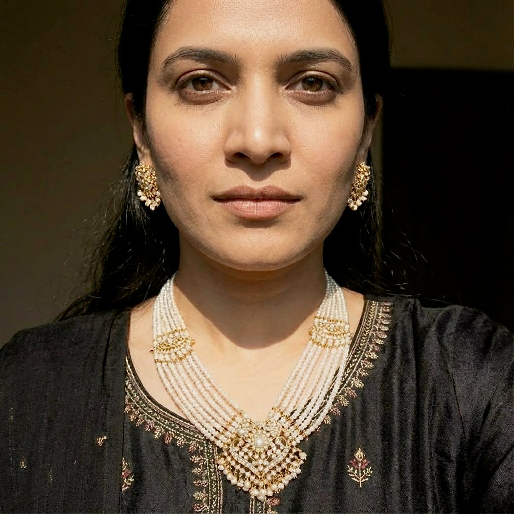 Indian Rani Haar Set | Gold Plated on Sterling Silver | Freshwater Pearls NS 248