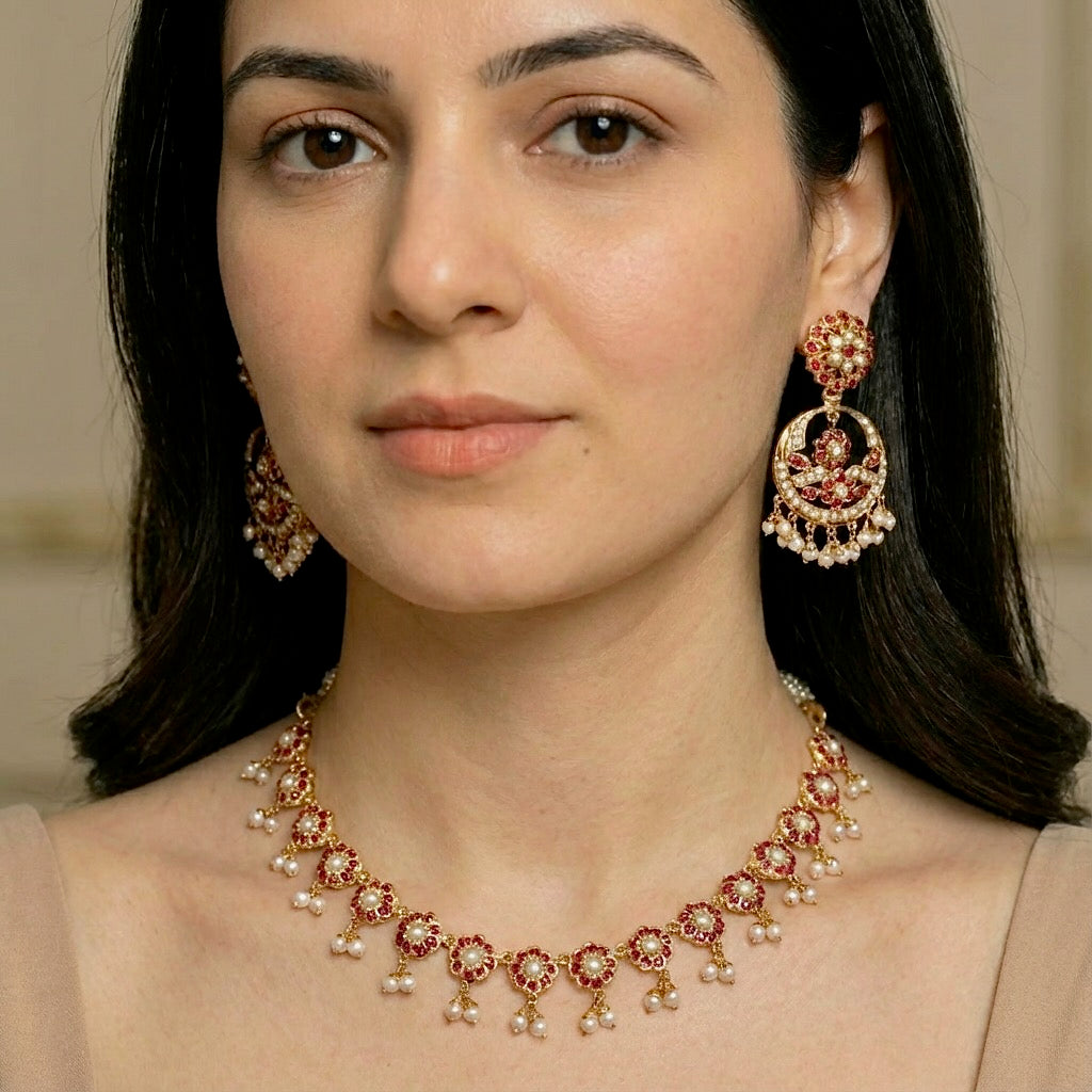 Delicate Ruby Necklace Set with Chandbali Earrings | Silver with Gold Plating NS 247