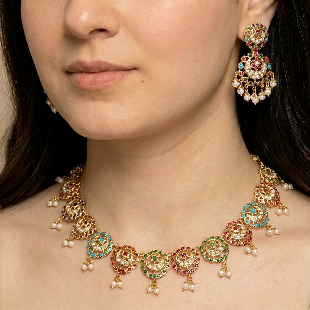 Navaratna Jewelry Set | Realistic Gold Plated Jewelry | Sterling Silver NS 221