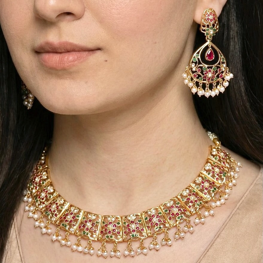 Gold Plated Silver Necklace Set | Multicoloured Jadau Set For Women | Antique Design NS 226