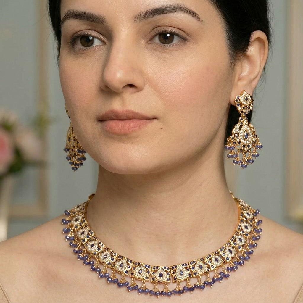 Gold Plated Blue Sapphire & Pearls Set | Sober & Elegant Jewelry NS 223