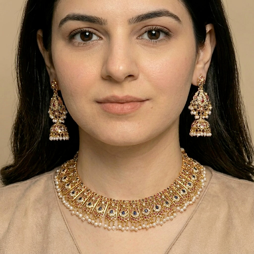 Bridal Gold Plated Jadau Set | Red & Blue Stones with Freshwater Pearls NS 209