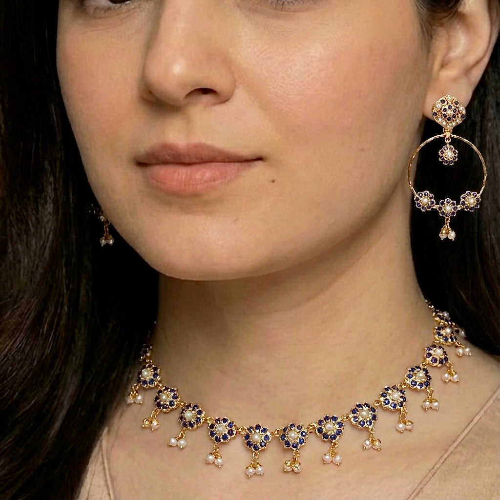 Floral Jadau Set | Blue Sapphires & Pearls | With Gold Plating NS 191