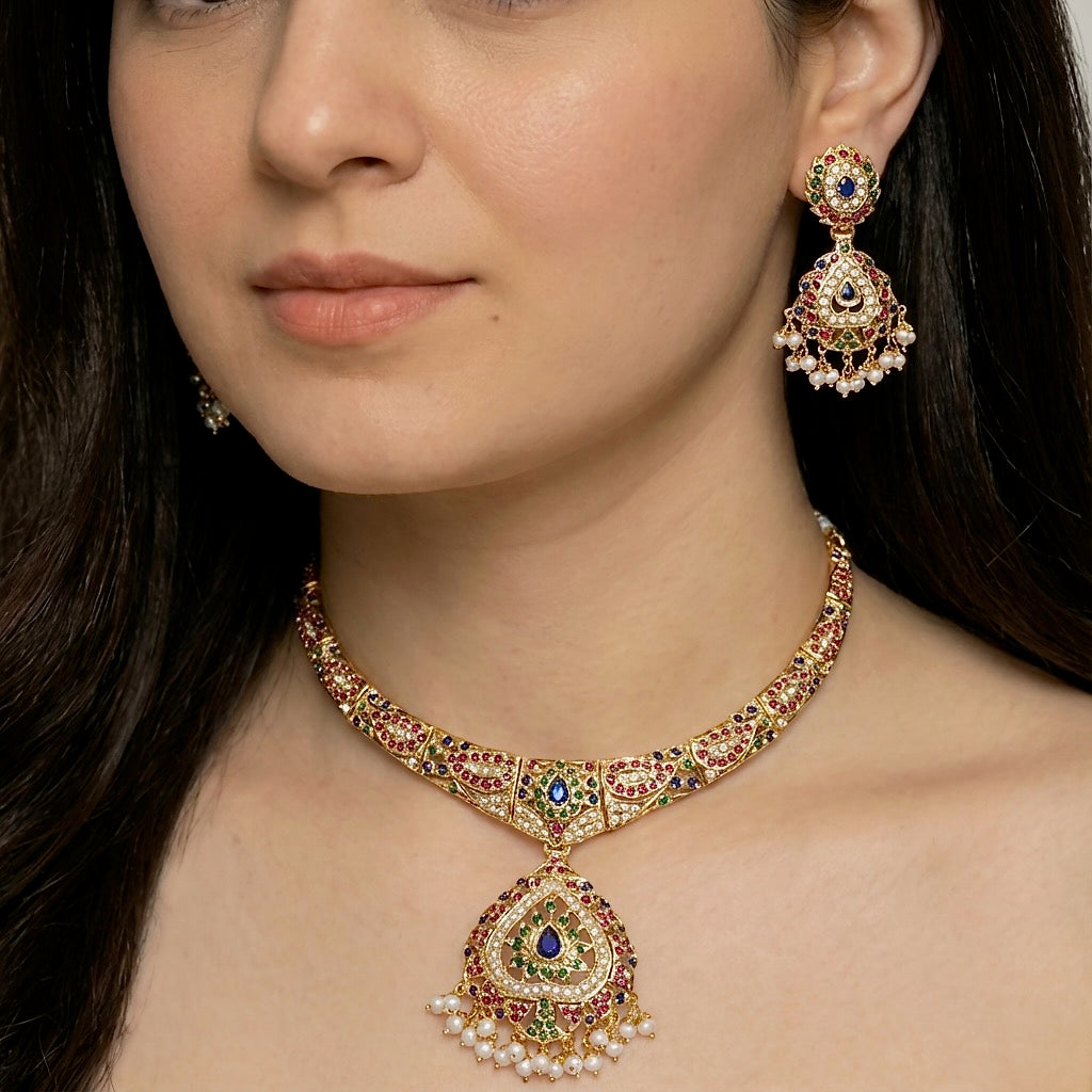 Exquisite Silver Necklace Set | Multicoloured Jadau Jewelry NS 160