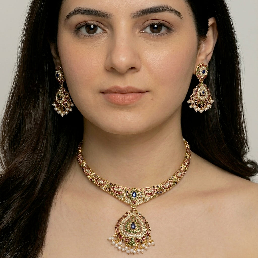 Exquisite Silver Necklace Set | Multicoloured Jadau Jewelry NS 160