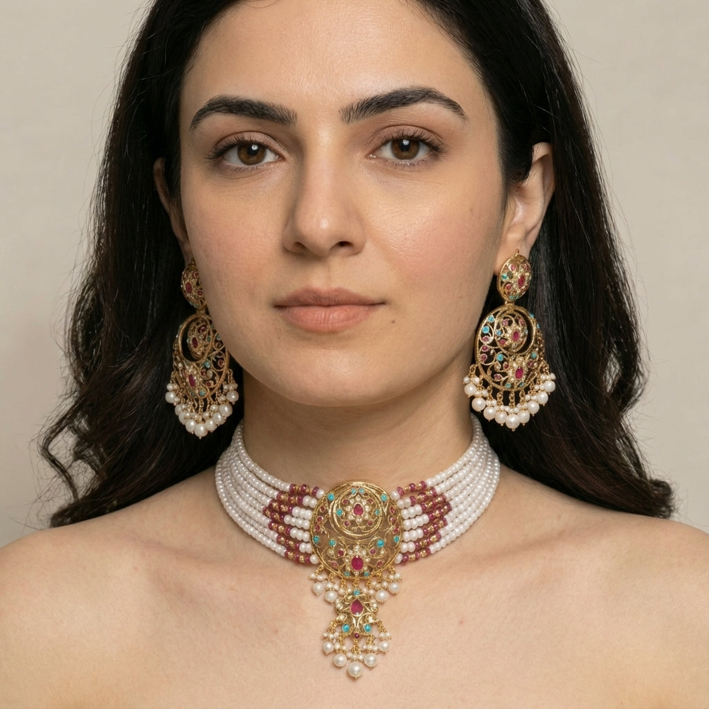 Gold Plated Jadau Choker Set | Party Wear Indian Jewelry Online NS 154
