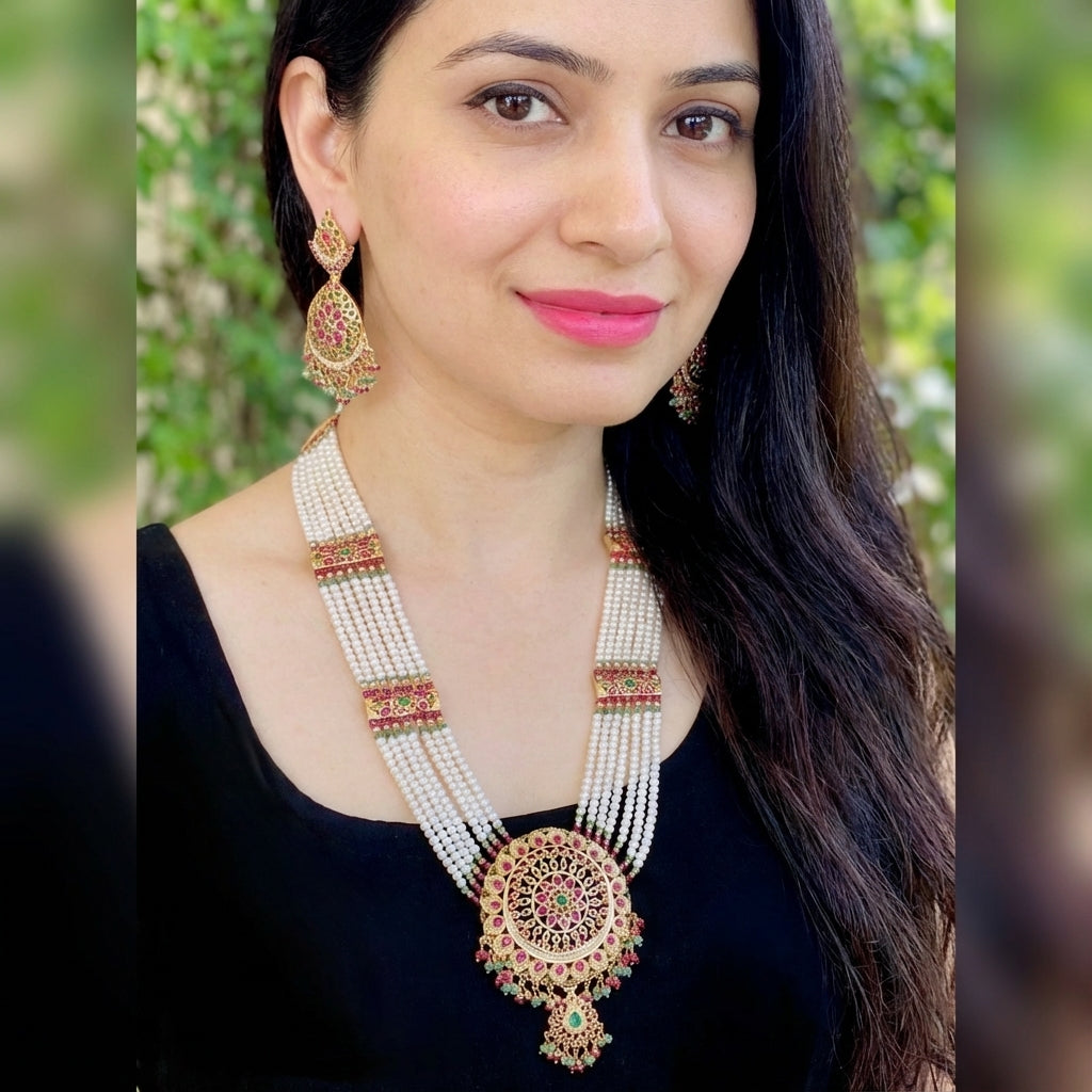 Gold Plated Jadau Rani Haar Set | Long Necklace | Freshwater Pearls NS 022