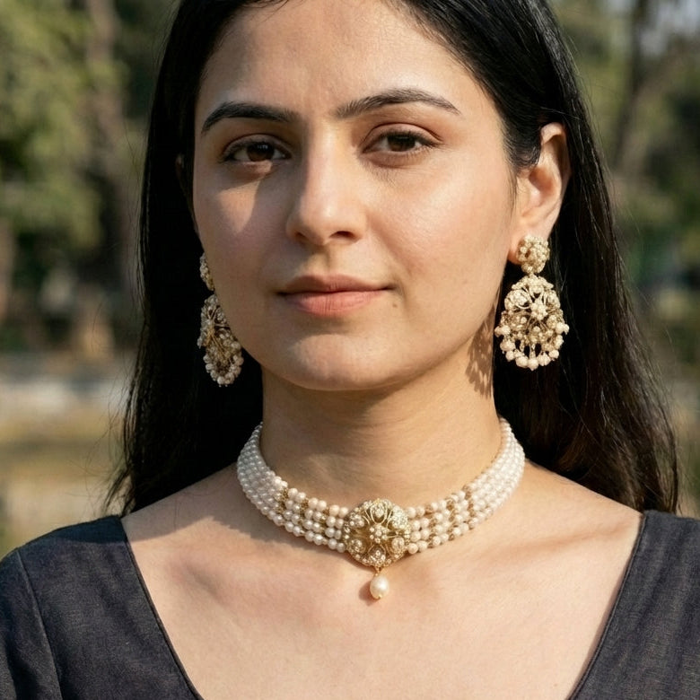 Silver & Pearl Necklace Set | Indian Jadau Choker NS 039