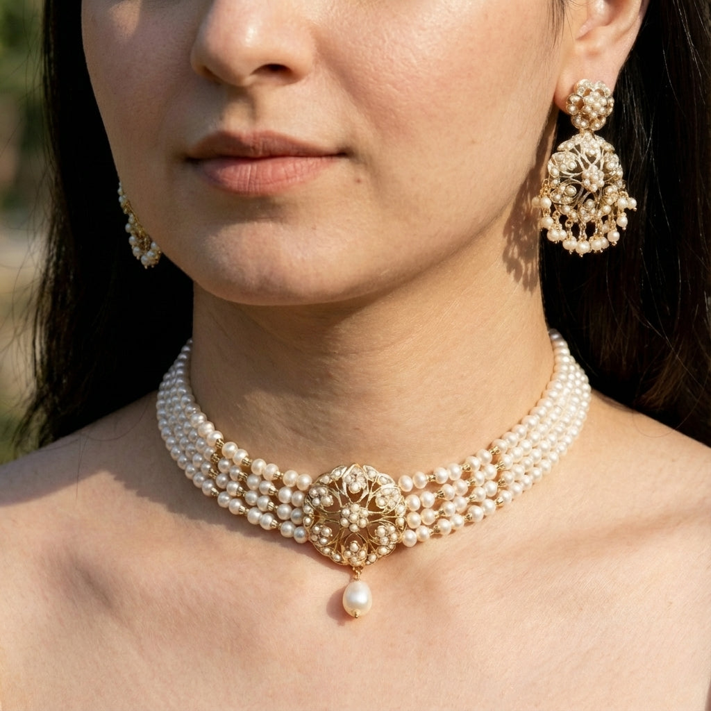 Silver & Pearl Necklace Set | Indian Jadau Choker NS 039