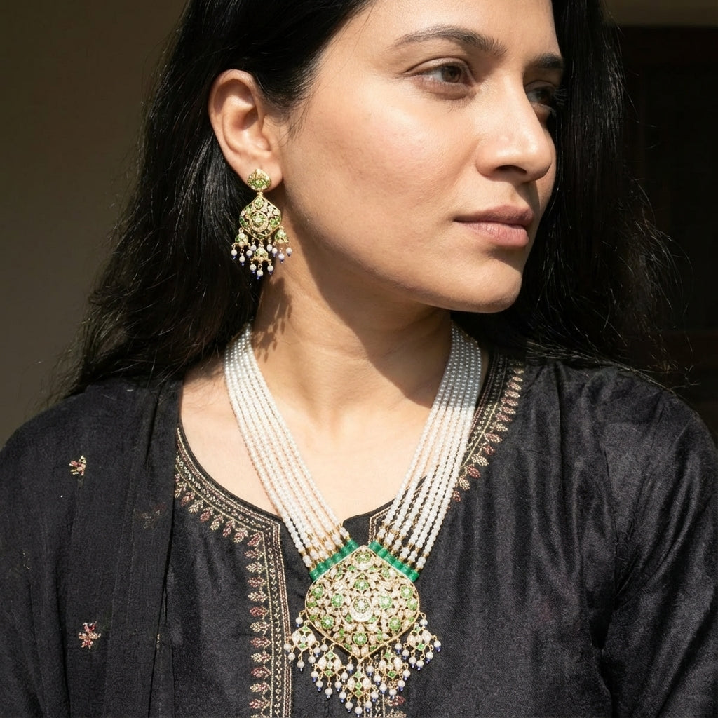 Buy Gold Plated Indian Rani Haar Set Online | Real Pearls & Emeralds | Sterling Silver NS 044