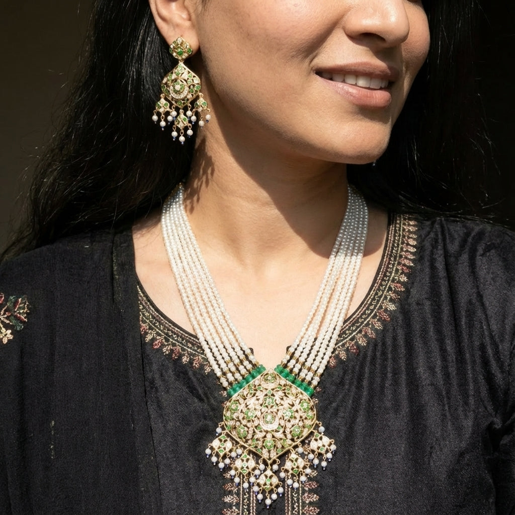 Buy Gold Plated Indian Rani Haar Set Online | Real Pearls & Emeralds | Sterling Silver NS 044