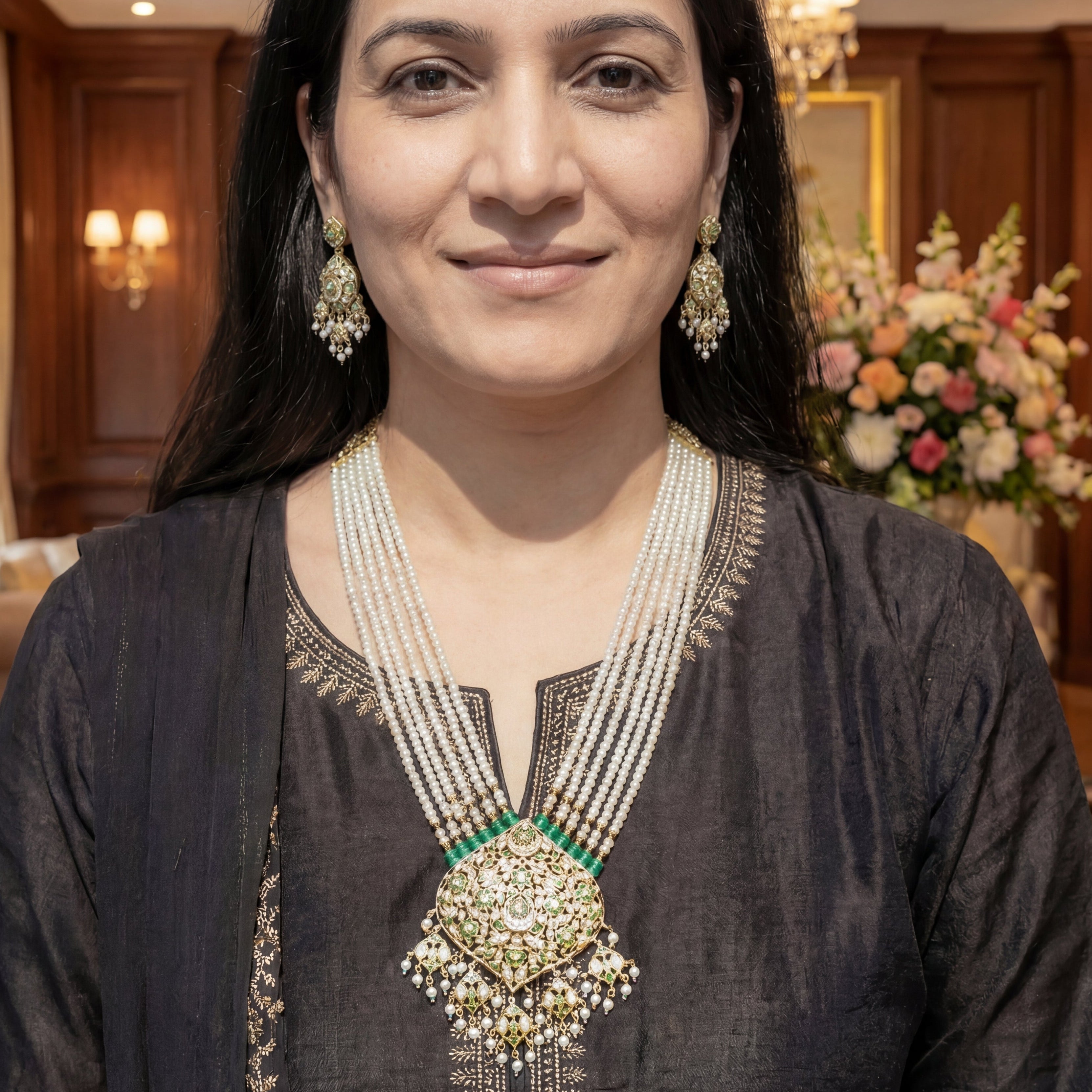 Buy Gold Plated Indian Rani Haar Set Online | Real Pearls & Emeralds | Sterling Silver NS 044