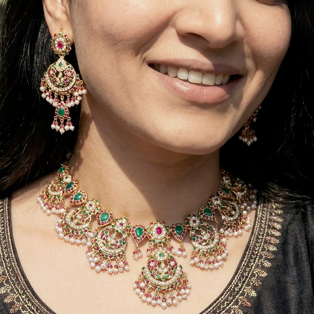 Bridal Gold Plated Jewellery | Multicolour Necklace Set for Bride NS 059