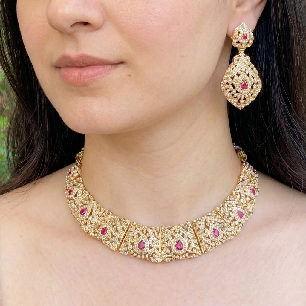 Gold Plated Guluband Necklace Set | Handmade Jadau Jewelry NS 074