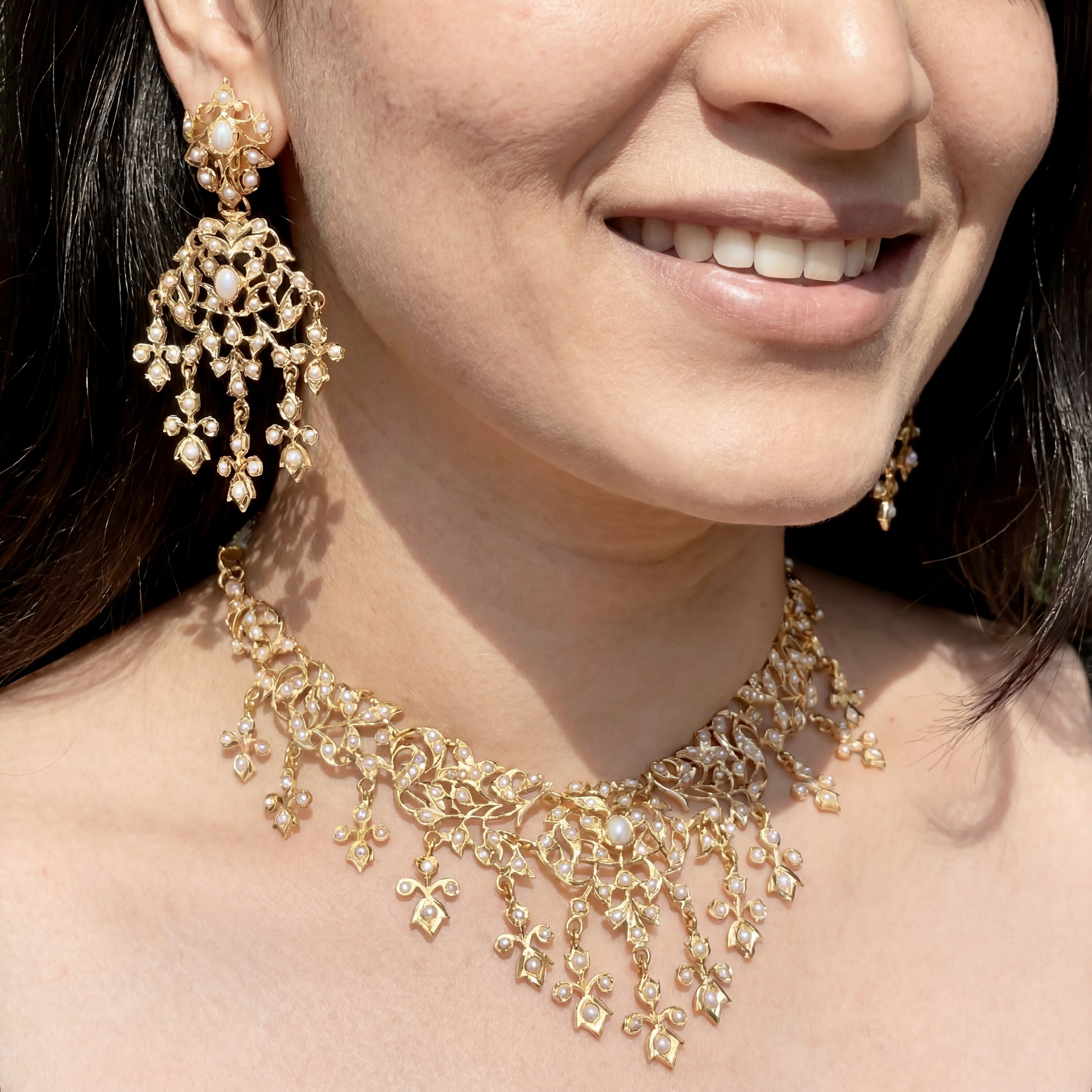 Antique Style Indian Pearl Necklace Set | Gold Polished Sterling Silver NS 093