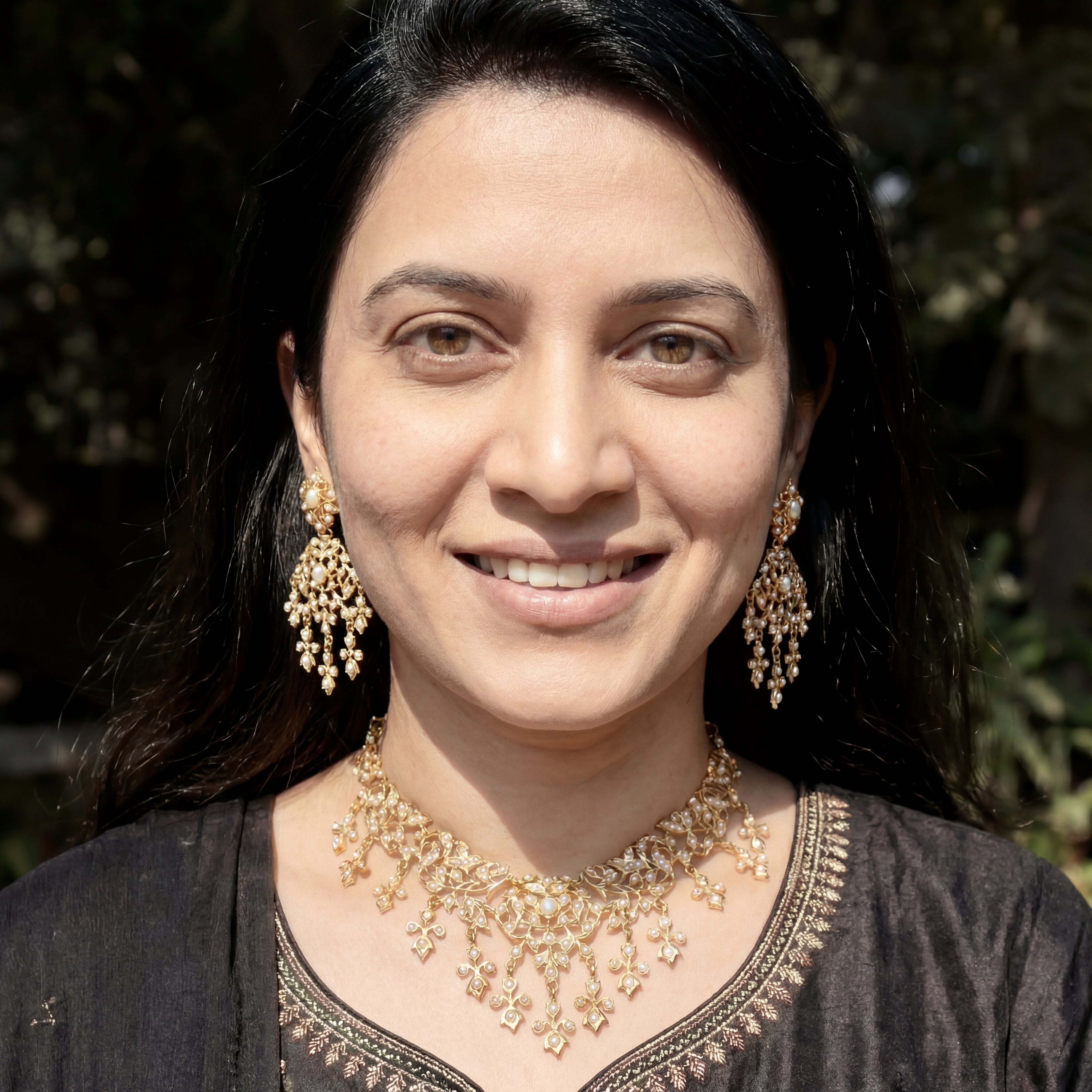 Antique Style Indian Pearl Necklace Set | Gold Polished Sterling Silver NS 093