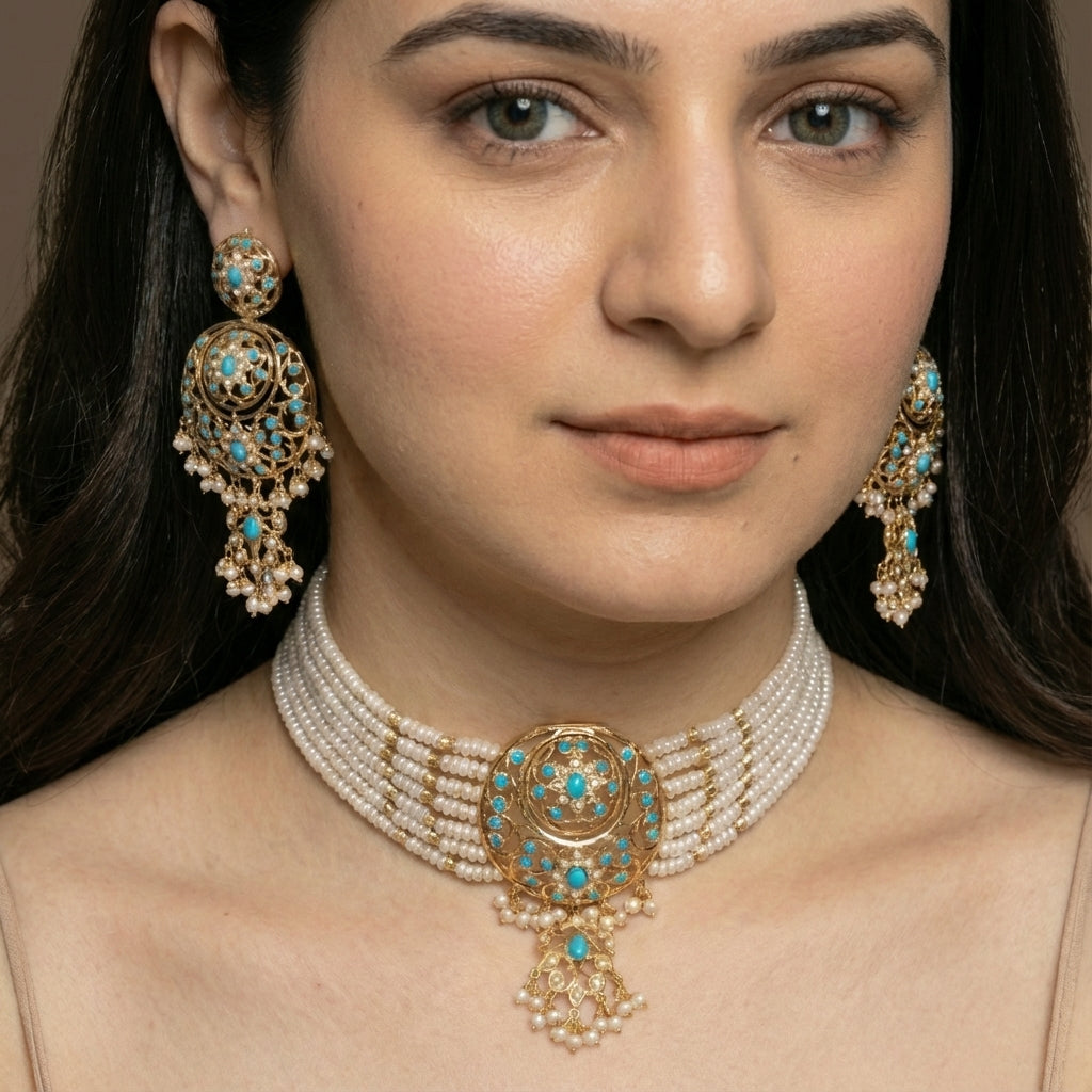 Indian Turquoise Jewelry Set | Real Pearls & Turquoises | Gold Plated on Silver NS 151