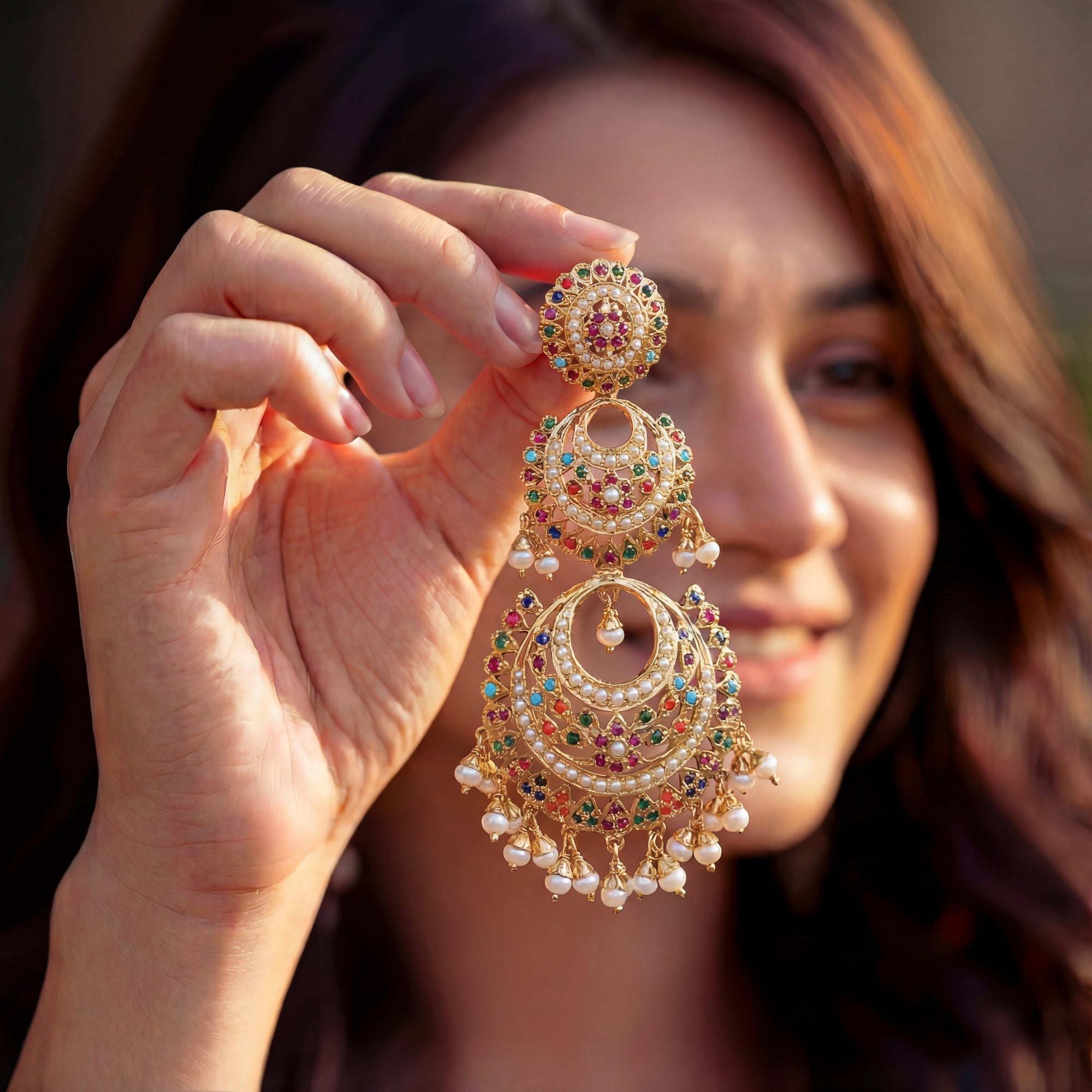 Navratna Double Chandbali Earrings | Indian Sterling Silver Jewelry in USA ER 566