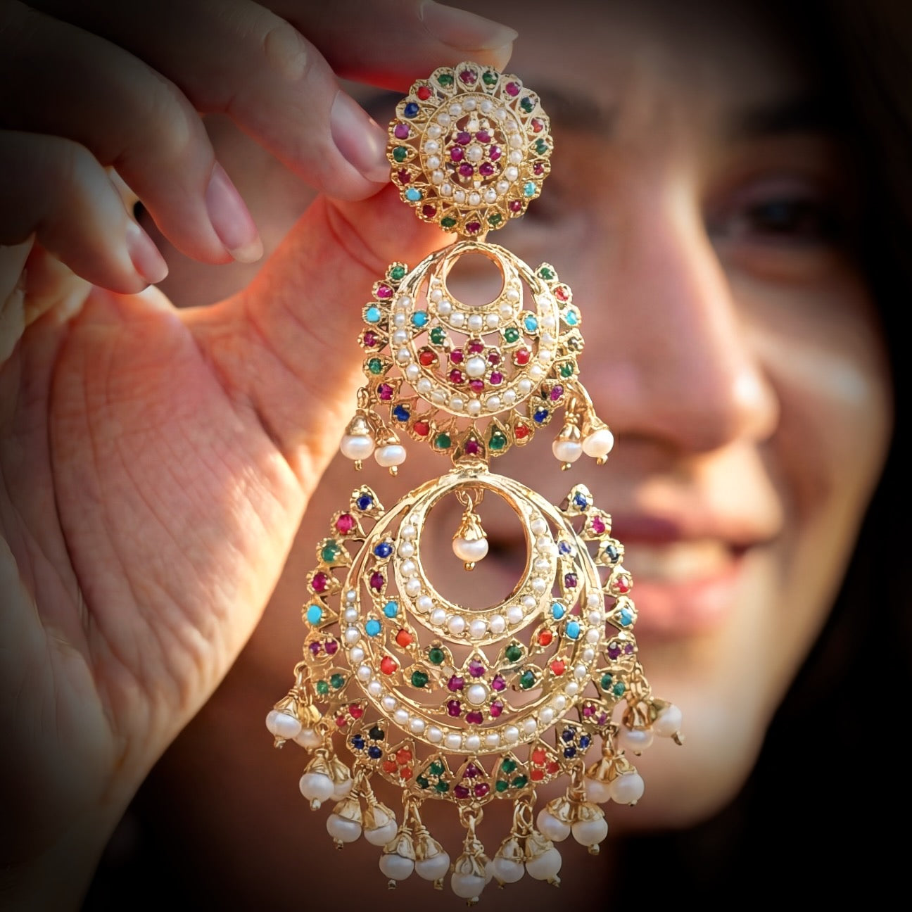 Navratna Double Chandbali Earrings | Indian Sterling Silver Jewelry in USA ER 566